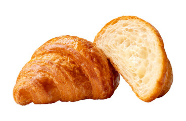 Delicious brown croissant with half in stack isolated with clipping path in png file format