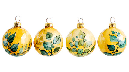 Yellow Christmas ornaments with green leaf watercolor designs