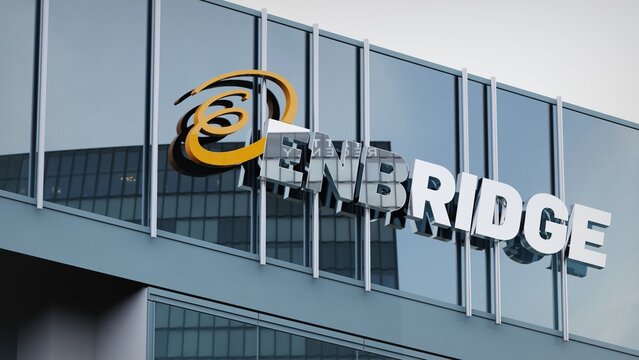 Birmingham, UK - January 14, 2024 Enbridge only editorial Stock information on the logo of the office facade