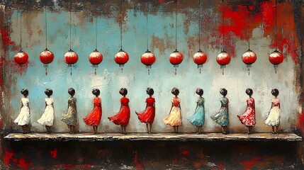 Fototapeta premium Joyful children in cheongsam, Chinese New Year, brush painting backdrop, bright colors