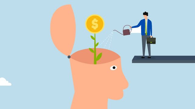 Financial mindset for investor to growing profit, 4k animation of Entrepreneur using cash from person head to water plant. 