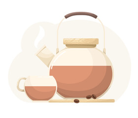 Glass coffee pot with coffee. Drink in tableware, flat style.