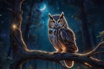  An owl perched in an ancient tree, its feathers shimmering with stardust and reflecting the nebula's glow above. The forest is bathed in ethereal light as cosmic energy surrounds the mystical owl.
