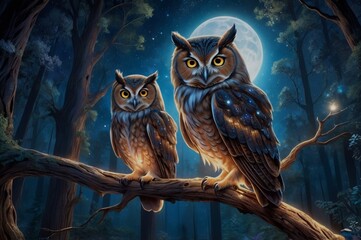  An owl perched in an ancient tree, its feathers shimmering with stardust and reflecting the nebula's glow above. The forest is bathed in ethereal light as cosmic energy surrounds the mystical owl.