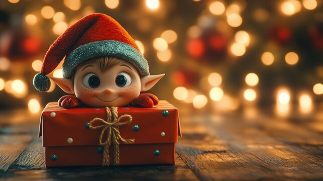 A smiling Christmas elf peeks out from behind a red gift box with a bow.