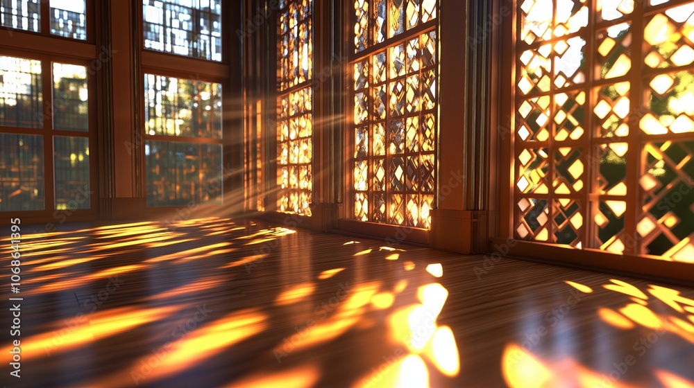Poster golden hour shadows cast by geometric window pattern