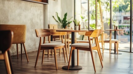 A modern cafe interior with wooden chairs and tables, natural light, and minimalist decor.