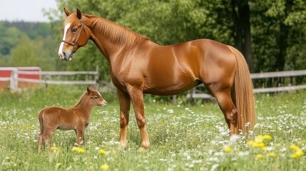 Obraz premium Brown Mare and Foal in Pasture Under Natural Light
