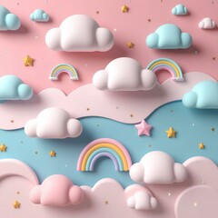  Sunny and Cloudy Sky with Rainbow Cartoon Illustration