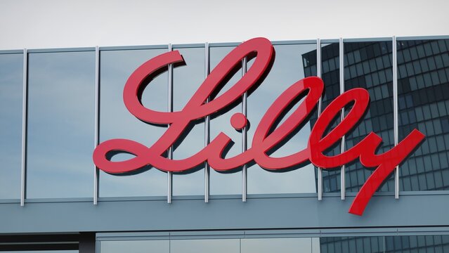Los Angeles, USA - December 1, 2022 Eli Lilly only editorial Stock information on the logo of the office facade