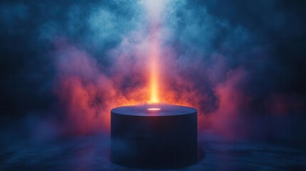 mysterious showcase of a sleek product on a glossy black podium, enveloped in swirling dark smoke and illuminated by a single spotlight, creating an enigmatic atmosphere