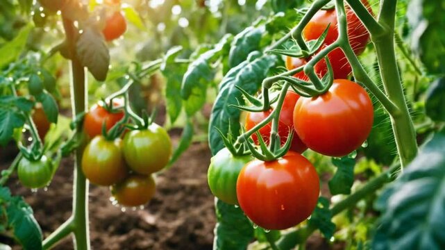 Tomatoes plant. A tomato plant is a vine-like flowering plant known for its bright red, juicy fruits. It requires warm temperatures, full sun, and well-drained soil to thrive. 