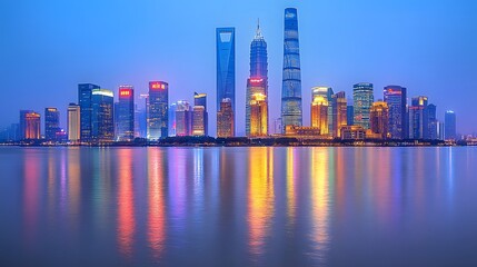 Fototapeta premium Urban skyline with fireworks filling the night sky, New Year festivity, virtual effect