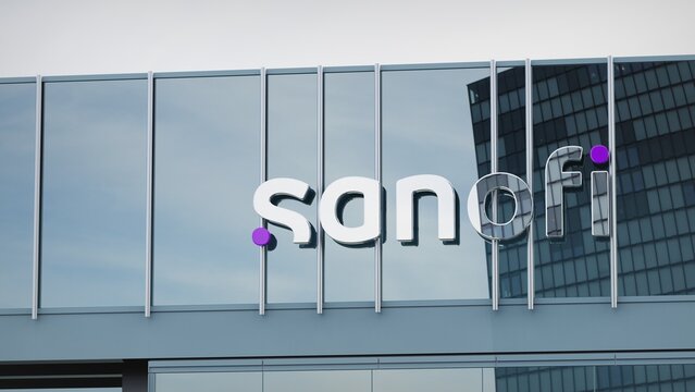 Edinburgh, UK - September 17, 2021 Sanofi only editorial Stock information on the logo of the office facade