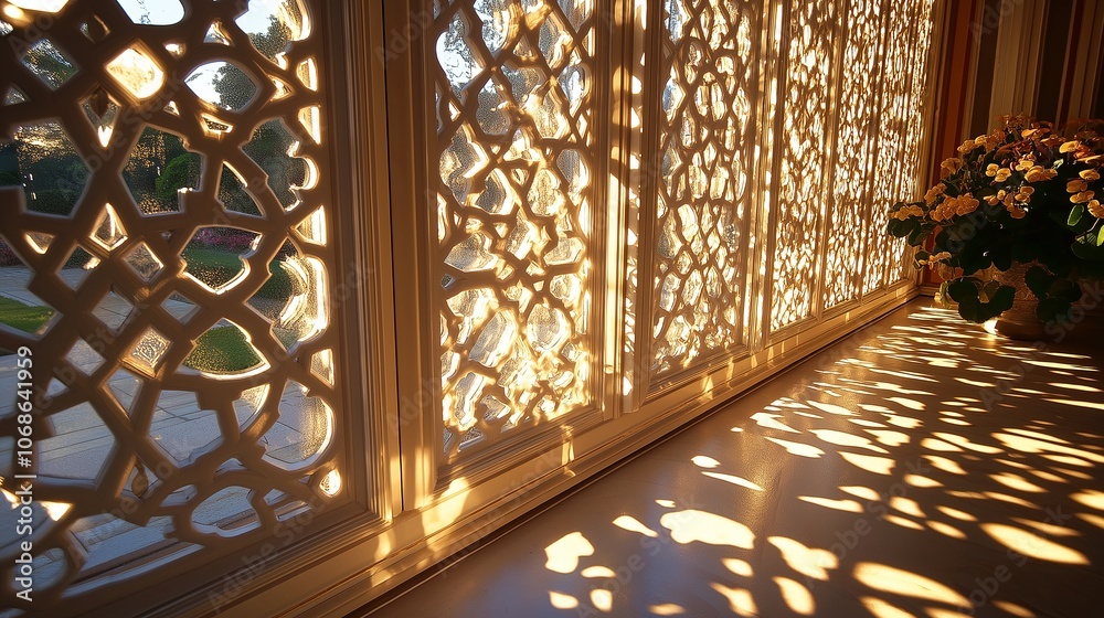Poster Golden Hour Shadows Cast by Geometric Window Pattern
