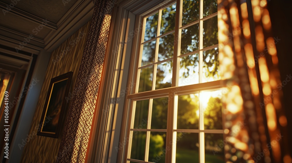 Poster Golden Hour Shadows Cast by Geometric Window Pattern