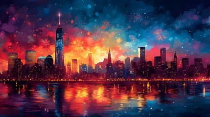 Obraz premium Fireworks lighting up the night sky over tall cityscape, festive New Year celebration, watercolor effect