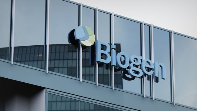 Birmingham, UK - September 22, 2020 Biogen only editorial Stock information on the logo of the office facade