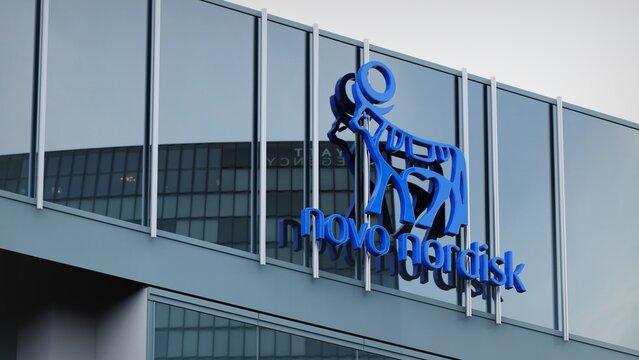 Los Angeles, USA - April 4, 2023 Novo Nordisk only editorial Stock information on the logo of the office facade