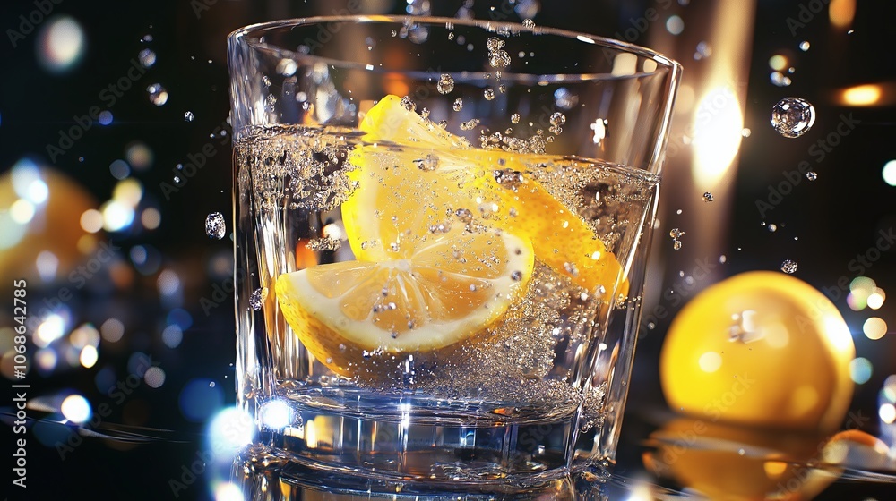 Poster glass of sparkling water with lemon slices and bubbles