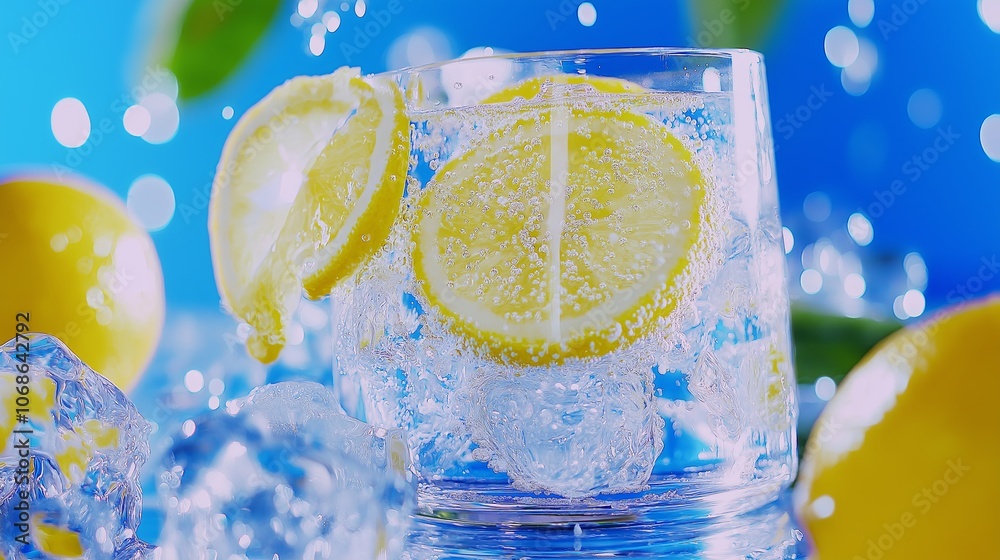 Poster glass of sparkling water with lemon slices and bubbles