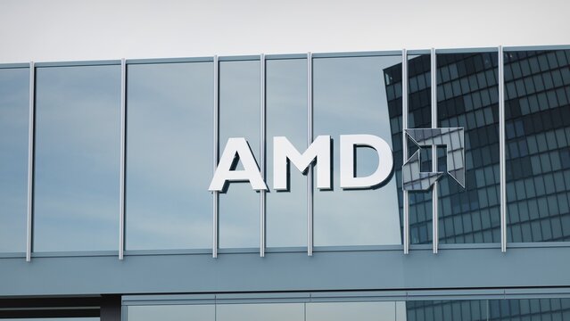 Chicago, USA - May 14, 2019 AMD only editorial Stock information on the logo of the office facade