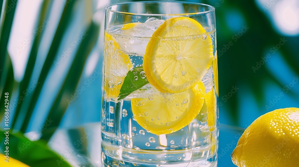 Poster glass of sparkling water with lemon slices and bubbles