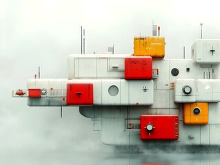 Fototapeta premium Futuristic cargo teleportation hubs with dematerialized goods being seamlessly reassembled at distant locations featuring minimalist architectural structures muted color palettes