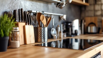 Modern Kitchen Countertop with Wooden Cutting Boards and Utensil Holder
