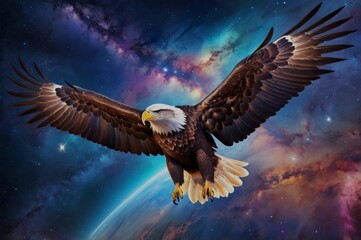 An eagle soars high above the earth, its wings glowing with galaxy hues. The endless sky stretches around it, filled with nebulae and stars, as the eagle rides the cosmic winds.