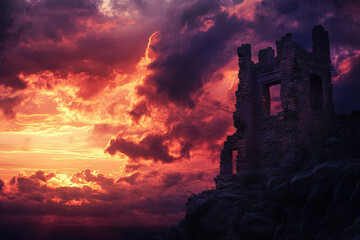 Fototapeta premium Dramatic Sunset Behind Ancient Ruins on a Hilltop