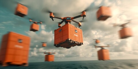 Futuristic vision of AI powered autonomous airborne cargo transport with robotic cargo handling and data driven route optimization  Minimalist industrial design glitch art aesthetics