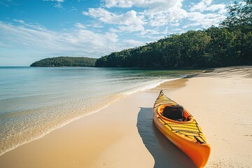 Orange kayak on sandy beach with forest and sea
