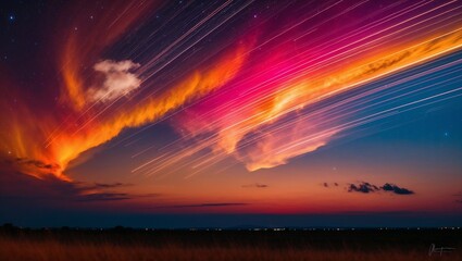 Obraz premium Meteor Shower Exploding Across the Night Sky Colorful Cosmic Wallpaper