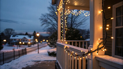 Winter Night Bokeh with Christmas Lights on Porch Railing
