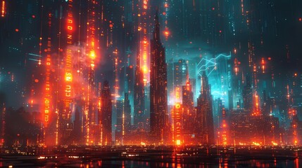 Fototapeta premium A detailed illustration of a futuristic cityscape with glowing digital currency symbols.