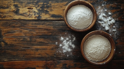Two wooden bowls contain different types of flour on a rustic wooden surface, with some flour scattered around, evoking a baking theme.