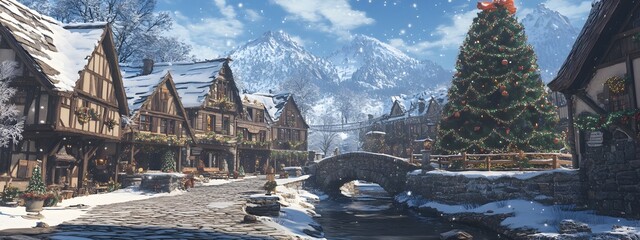 A picturesque winter scene of an old European town with charming wooden houses, snow-covered streets and bridges over small rivers, surrounded by snowy mountains.
