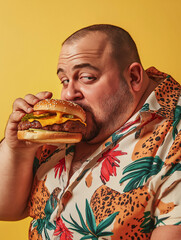 Bardzo gruby mężczyzna jedzący hamburgera