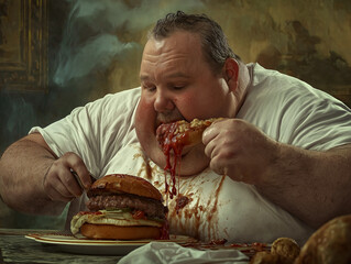 Bardzo gruby mężczyzna jedzący hamburgera