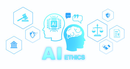 Fototapeta premium AI ethics illustration with icons of law, brain, and technology on a white background. Concept of AI ethics, legal tech, and responsible AI