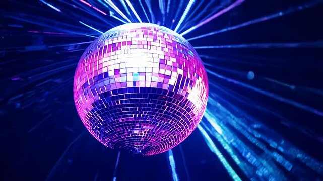 Camera slowly rotates around a disco ball, capturing the explosion of reflected neon pink and blue light