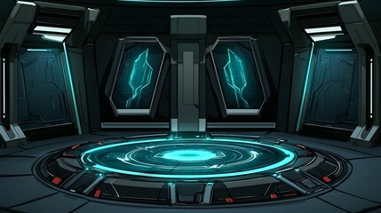 Futuristic Sci-Fi Room with Glowing Platform and Doors.