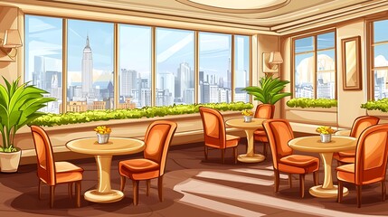 Obraz premium A cozy restaurant with a stunning view of the city skyline.