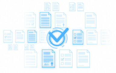 Various documents with blue check marks on a white background. Illustration style. Concept of approval and verification of documents