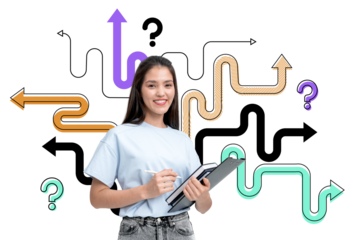 Woman holding clipboard and notebook. Colorful arrow paths and question marks in the background. Concept of decision making and career planning