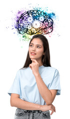 Woman in casual clothing thinking with a colorful brain gear illustration above her head on a white background, symbolizing creativity and ideas