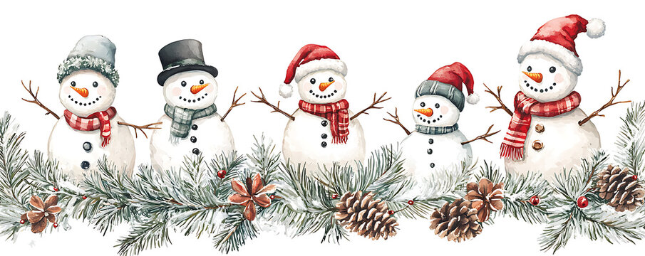 A delightful row of snowmen wearing winter scarves and hats, surrounded by festive elements like pine branches and berries, creating a cheerful holiday scene on a snowy background.