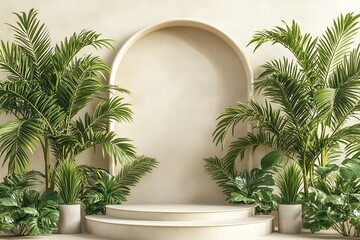 Abstract empty white podium with palm leaves on beige background