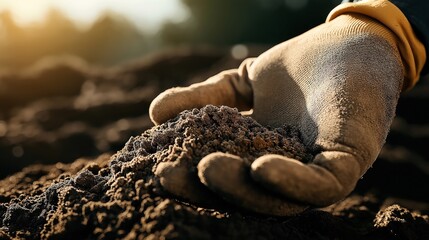 Close-up of a gloved hand holding rich, fertile soil in a sunlight landscape, representing agriculture or gardening concepts